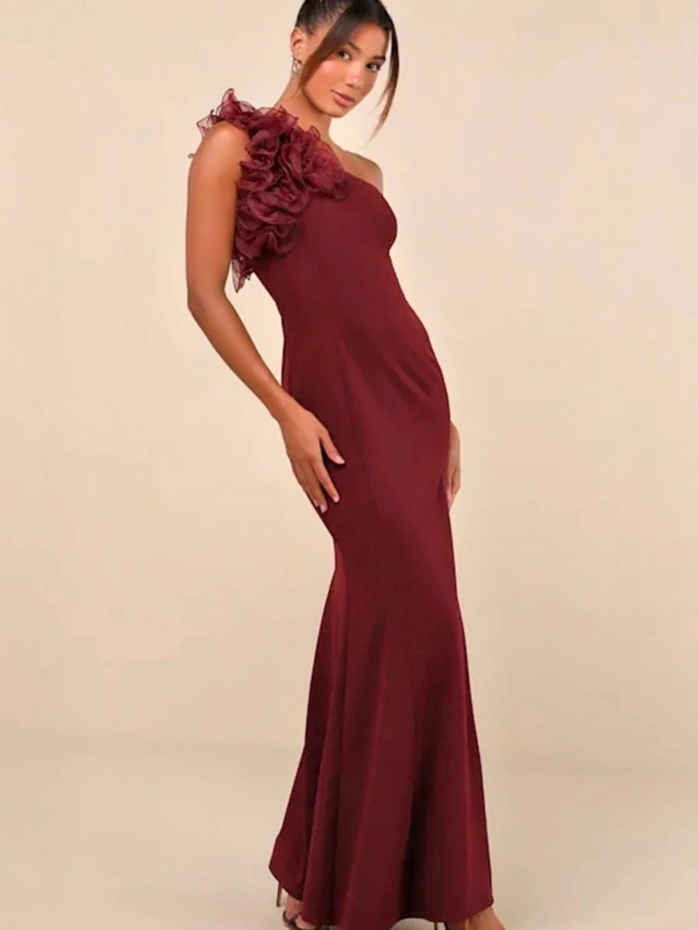 Lulus Last Forever Burgundy One-Shoulder Ruffle Maxi Dress